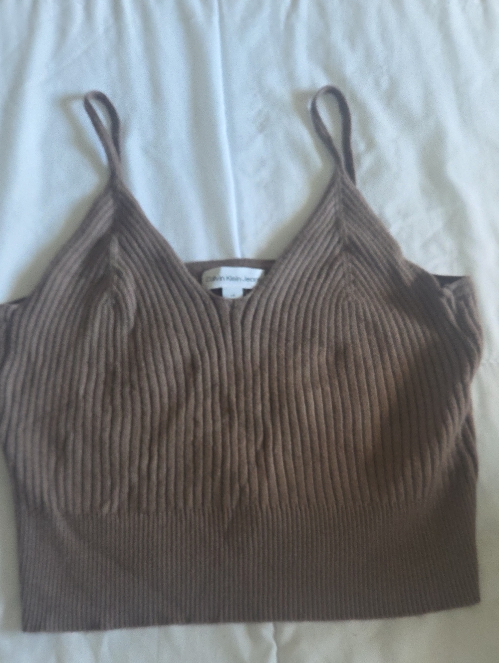 Calvin Klein Jeans Brown Ribbed V‑Neck Cropped Cami